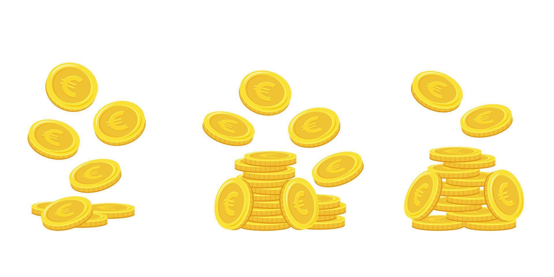 Euro monete. pila di oro monete. d'oro moneta mucchio, i soldi pile e ori pile. caduta monete, caduta i soldi, volante oro monete, d'oro pioggia. vettore