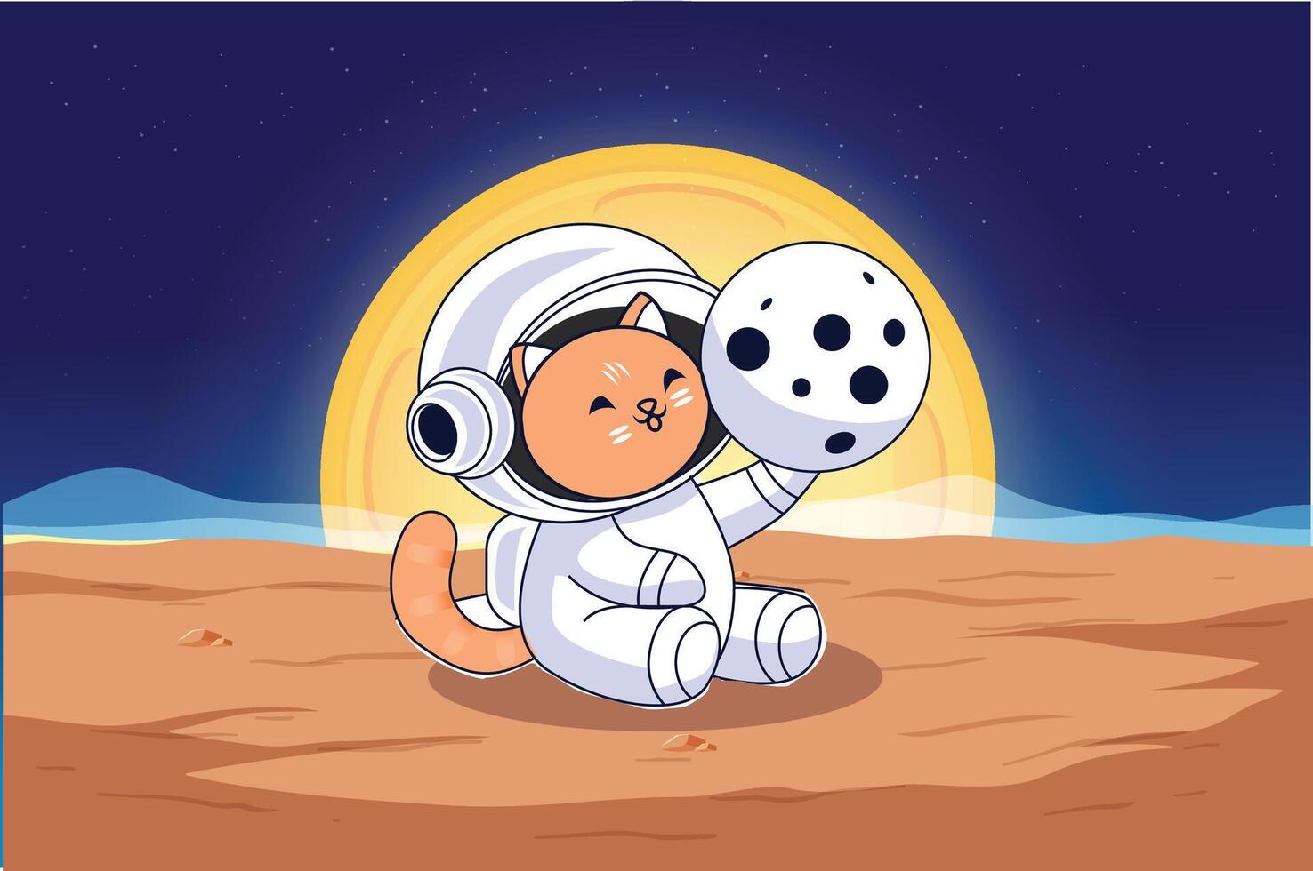 carino gatto giocando pallacanestro su esterno spazio pianeta con pallacanestro polo cartone animato vettore icona illustrazione, con concetto isolato premio vettore. adatto per infografica e libro immagine illustrazione