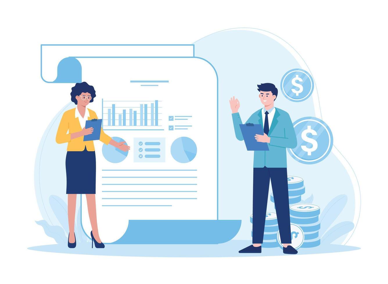 attività commerciale donna e attività commerciale uomo con diagramma documento informazione concetto piatto illustrazione vettore