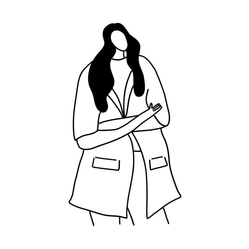 elegante, minimalista e moderno moda ragazza. vettore illustrazione nel mano disegnato schema scarabocchio semplice contorno stile isolato su bianca sfondo. per avvolgere, manifesto, ragnatela luogo.