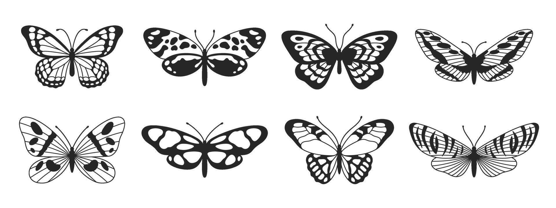 farfalla quinto impostato di nero e bianca Ali nel il stile di ondulato Linee e biologico forme. y2k estetico, tatuaggio silhouette, mano disegnato adesivi. vettore grafico nel di moda retrò anni 2000 stile