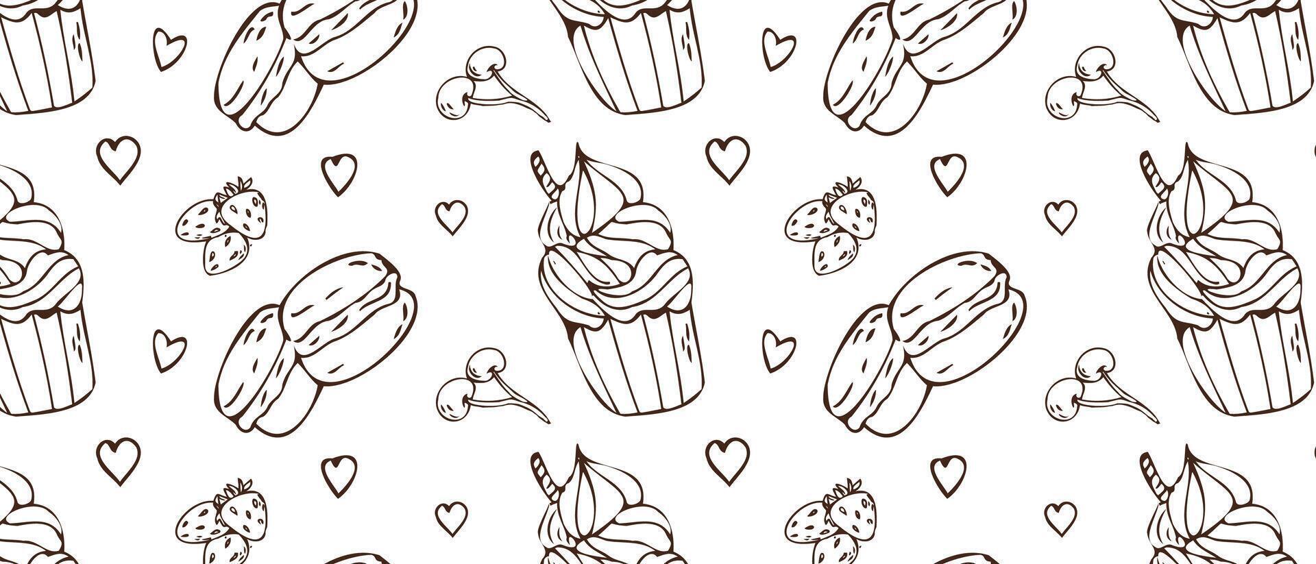 mano disegnato Cupcake e amaretti, ciliegia, fragola, cuori sfondo. vettore illustrazione isolato. modello può Usato per saluto carta, invito, menù sfondo, manifesto, tessile, involucro carta