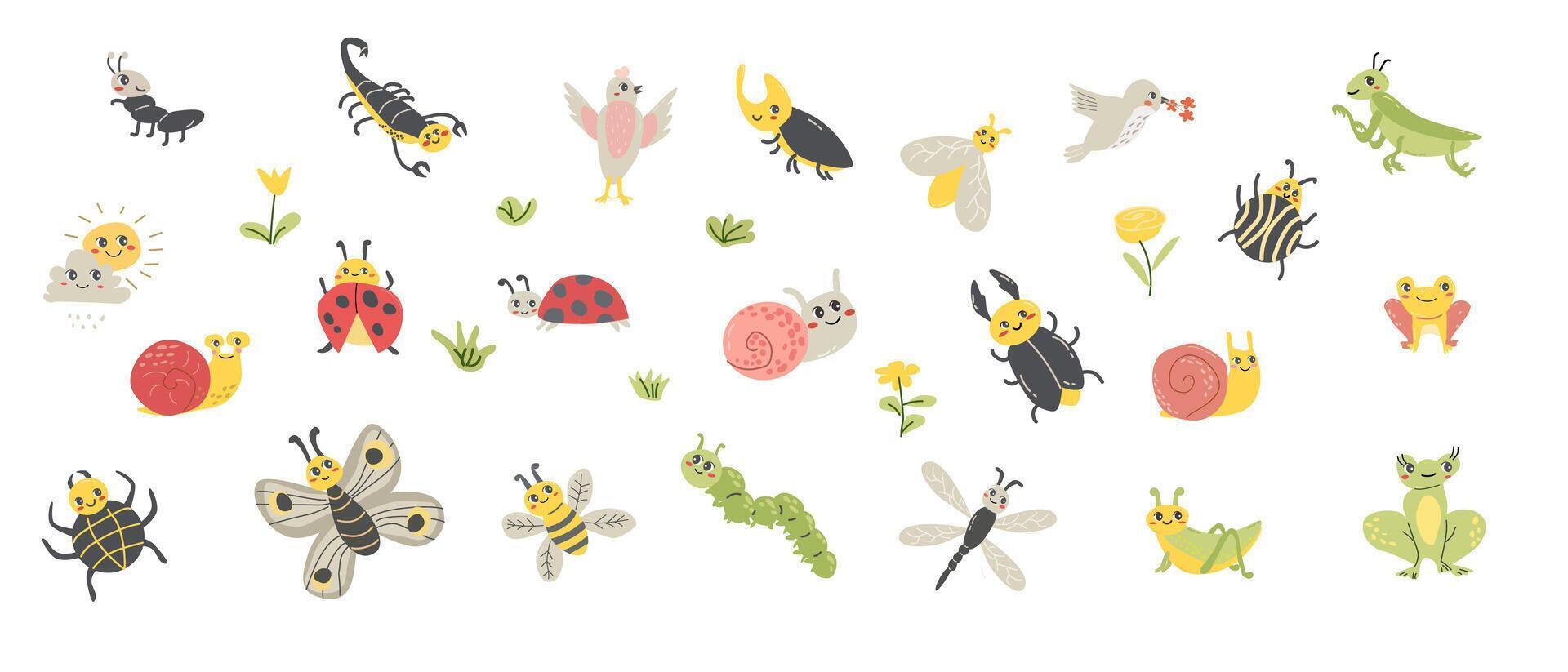carino cartone animato animali e insetti bug, la farfalla, uccelli, rana. vettore illustrazione isolato. scarafaggio bug, coccinella, bruco, lumaca e altro animali. grande impostato di cartone animato personaggi con fiore e erba.