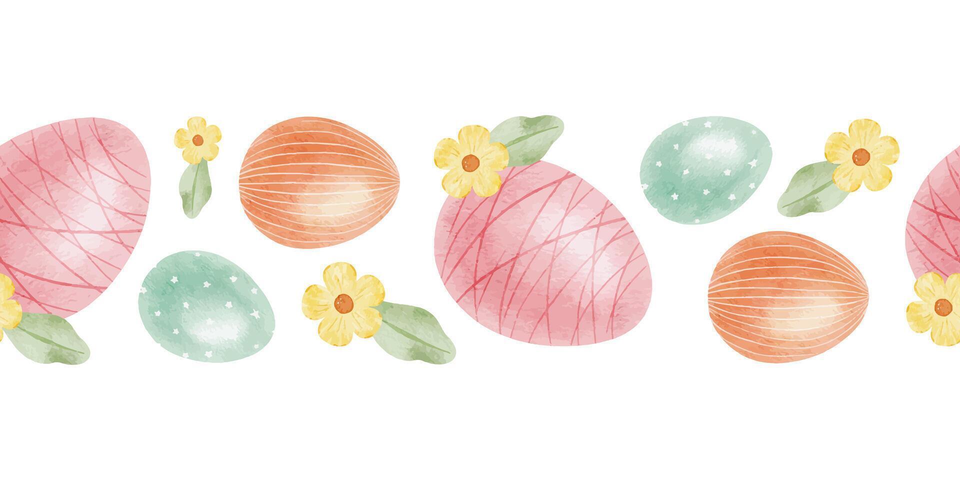 carino colorato Pasqua uova, fiori e le foglie. primavera senza soluzione di continuità confine di con Pasqua uova con pastello colori. isolato acquerello illustrazione. modello per Pasqua carte, copertine, manifesti, inviti vettore