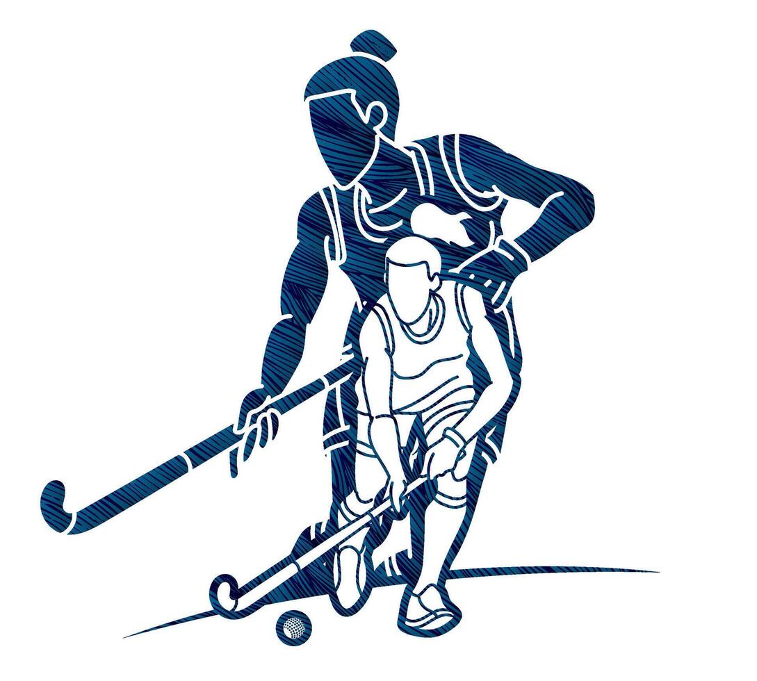 campo hockey sport femmina Giocatori mescolare azione cartone animato grafico vettore