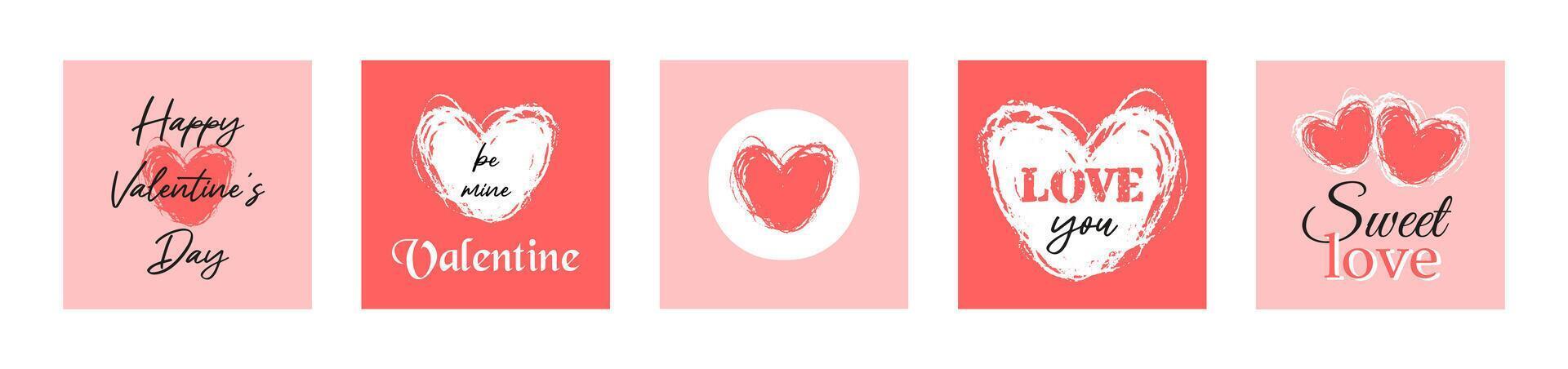 impostato di contento San Valentino giorno carino amore carte con mano disegnato cuore. romantico rosso e bianca design elementi. vettore piatto illustrazioni per manifesti, sociale messaggi, regalo o saluto carte, adesivi.