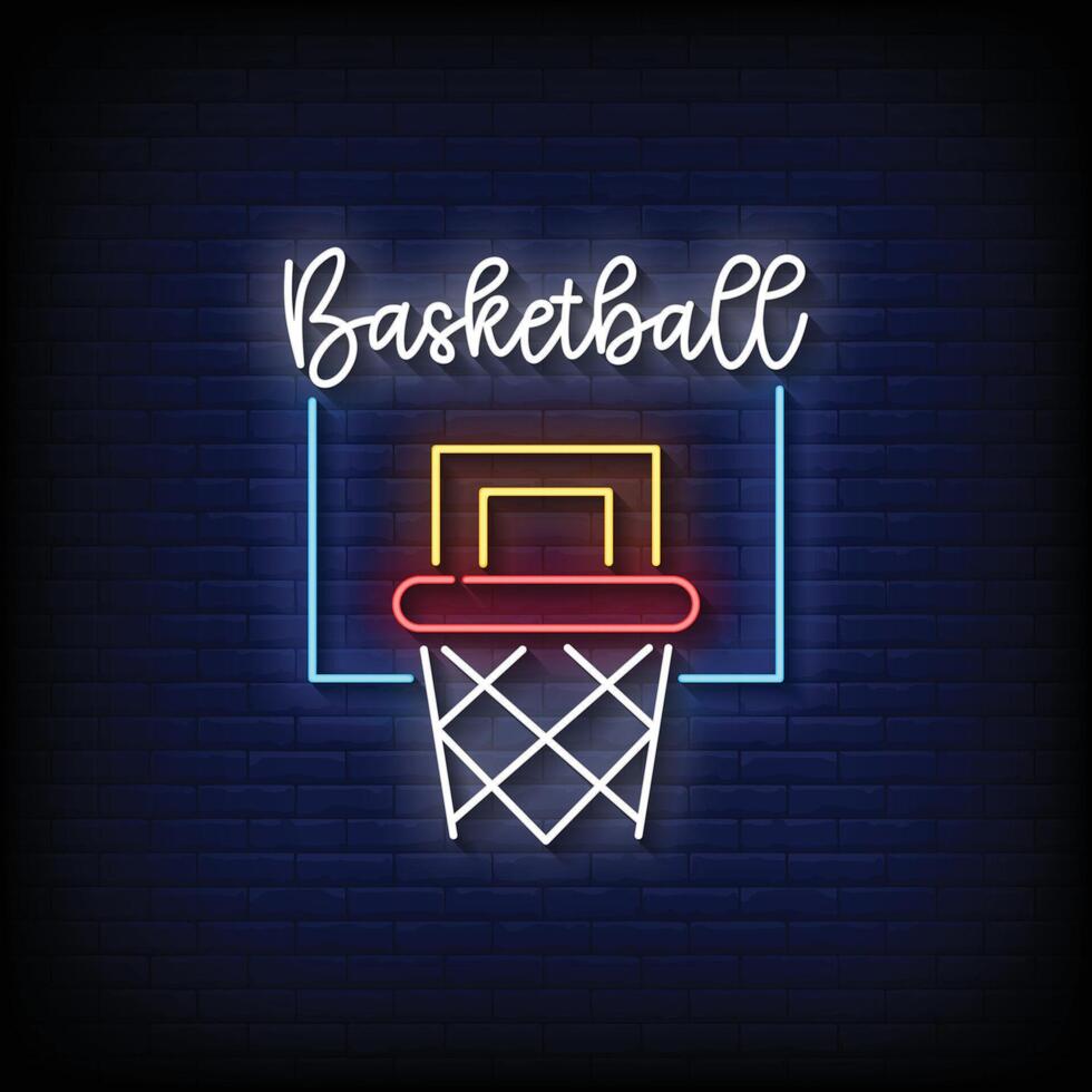 neon cartello pallacanestro con mattone parete sfondo vettore