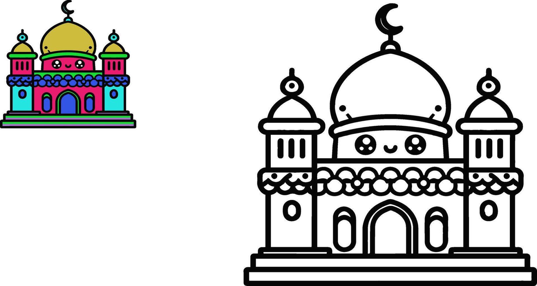 vettore illustrazione di colorazione Immagine di un' moschea con colorato campione. può essere Usato per colorazione libri e colorazione pagine. piatto vettore