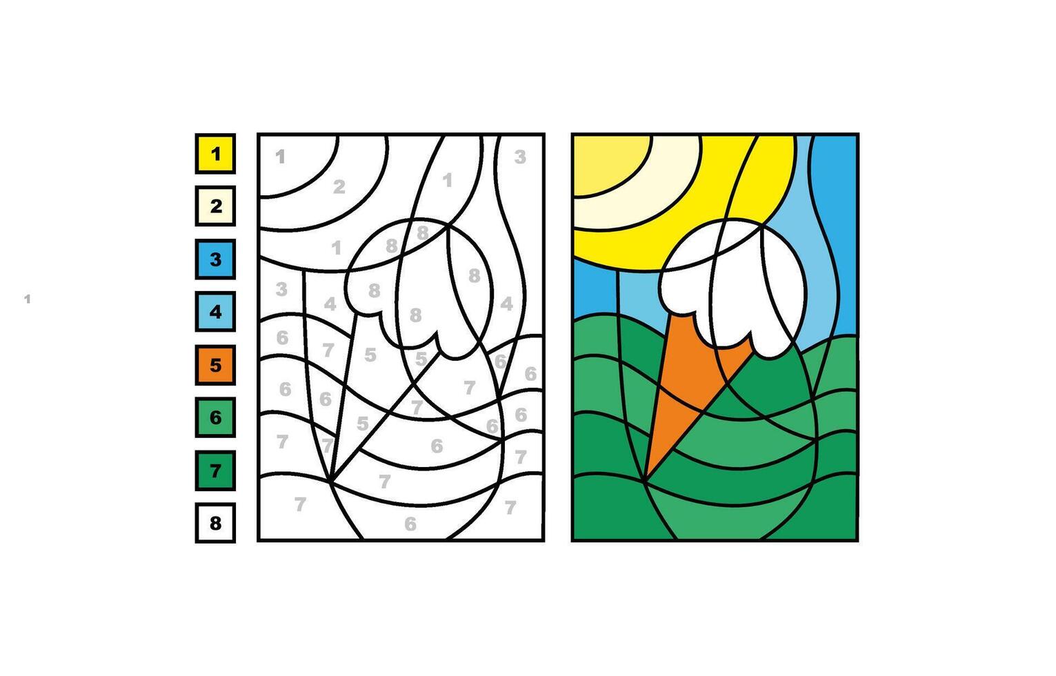 colorazione libro pagina di ghiaccio crema numeri per bambini. puzzle gioco per figli di apprendimento, attività, creatività. vettore