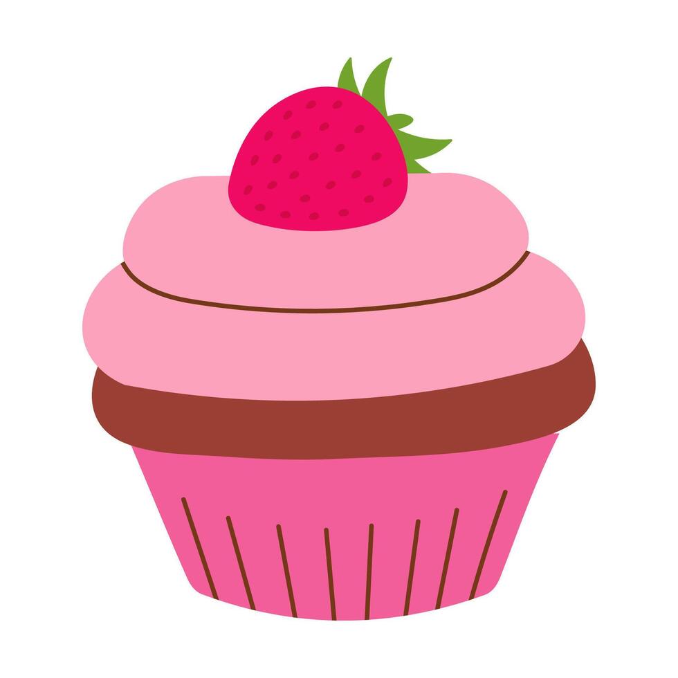 cioccolato Cupcake con rosa frustato crema e fragola su superiore, cibo vettore illustrazione, al forno dolci, piatto stile focaccina
