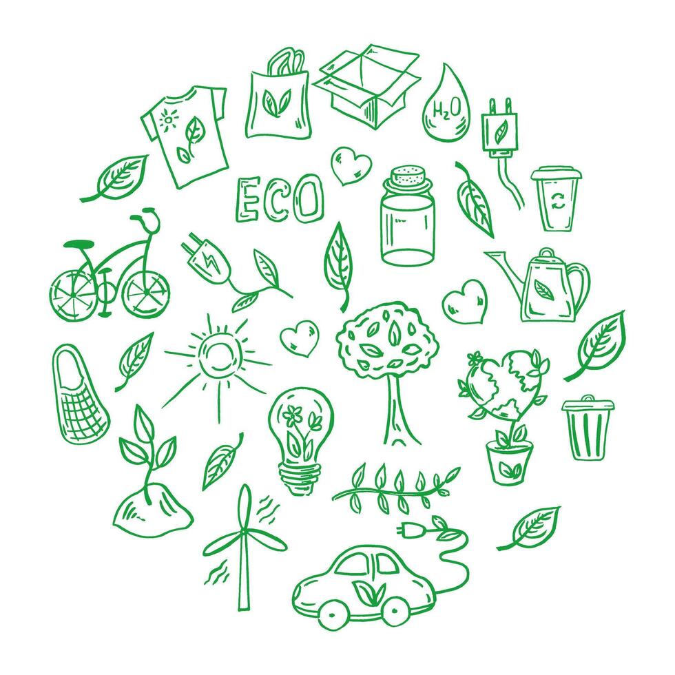 impostato di ecologia. elementi nel cerchio. disegnato a mano scarabocchio vettore illustrazione. ecologia problema, raccolta differenziata e verde energia icone. ambientale simboli.