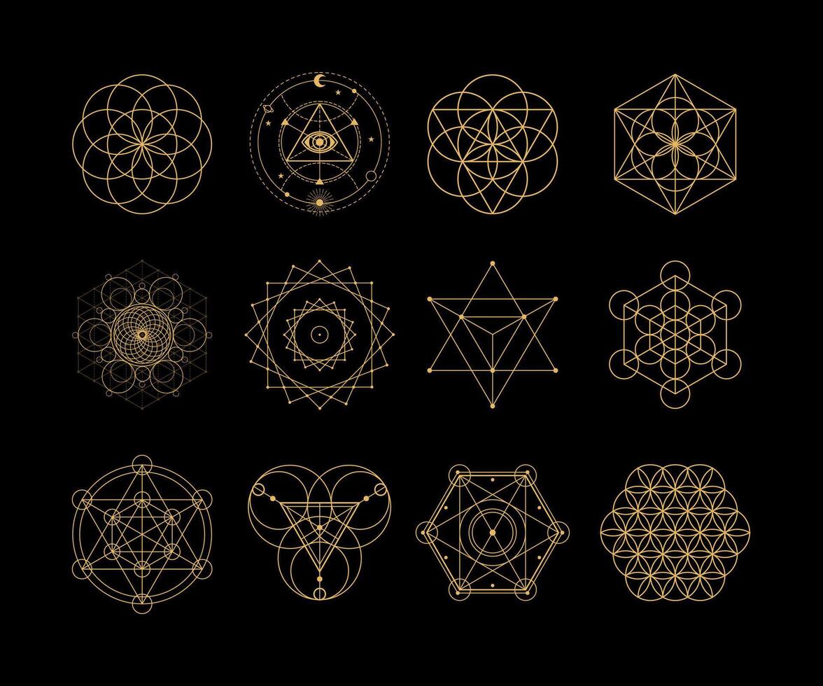 sacro geometria ornamento impostare, seme di vita, fiore di vita, merkaba, toro, di Metatron cubo, geometrico Natale ornamenti vettore