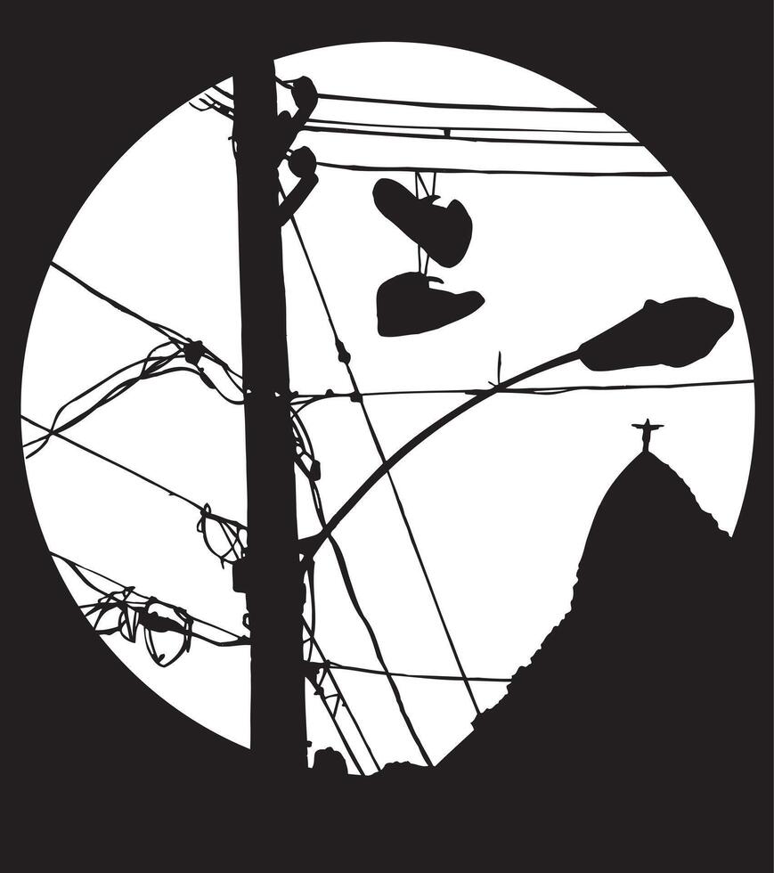 monocromatico illustrazione di scarpe da ginnastica silhouette sospeso a partire dal powerline cablaggio con montagna nel il sfondo. vettore