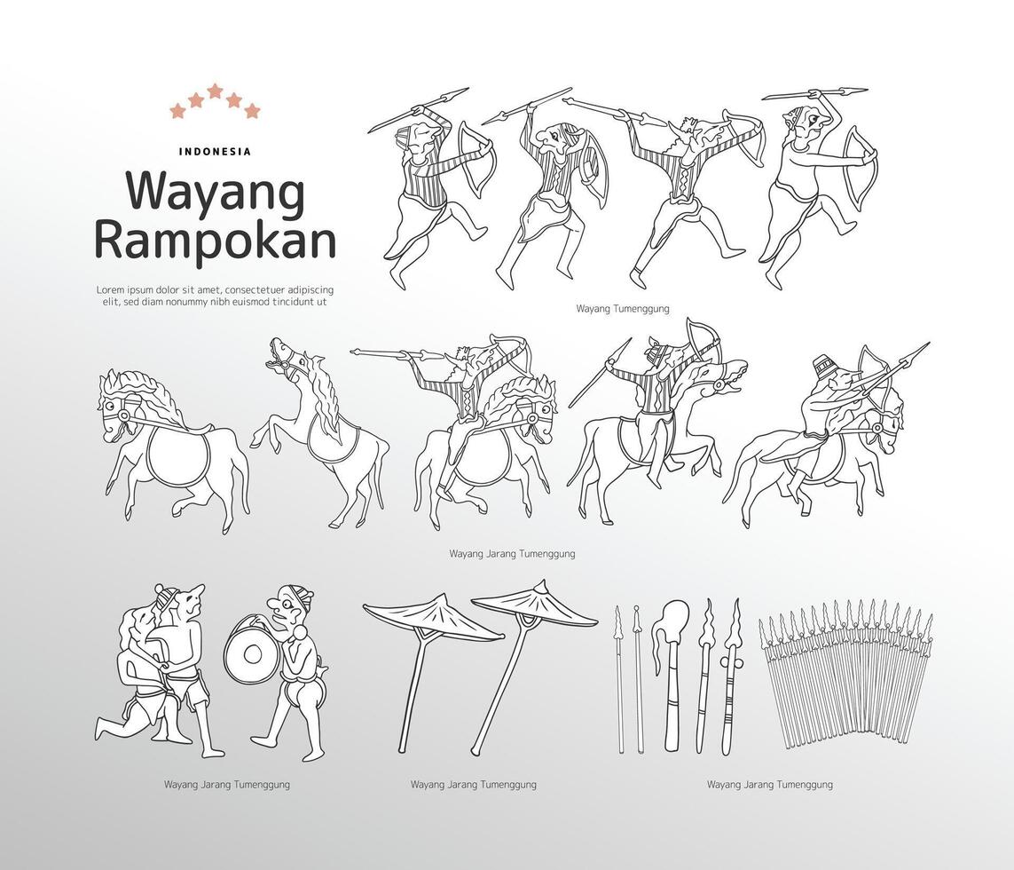 isolato Wayang rampokan schema illustrazione Indonesia ombra fantoccio cultura vettore