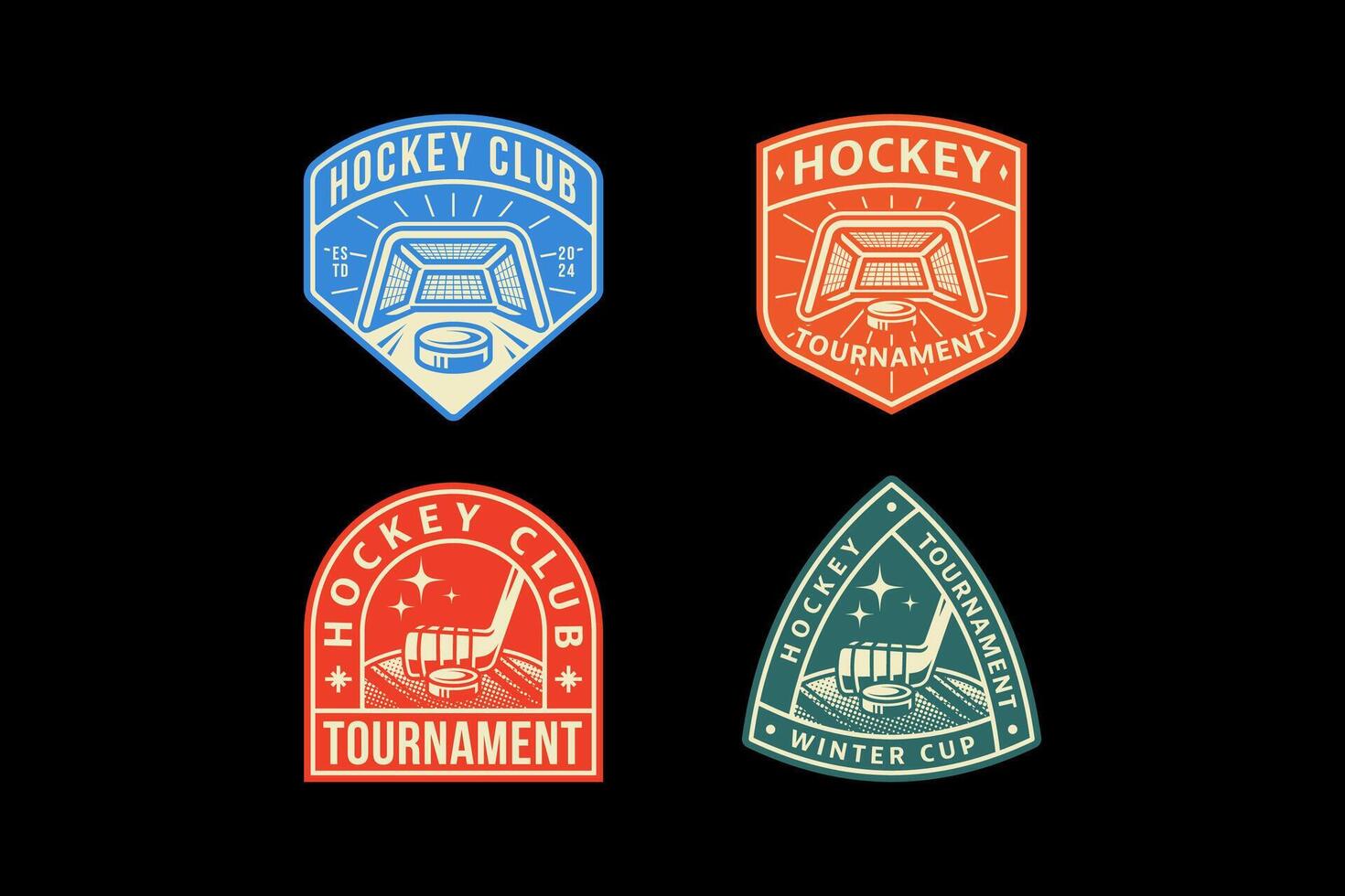 impostato di hockey distintivo loghi con hockey disco e bastone e porticina elemento design per hockey squadra e lega e campione vettore