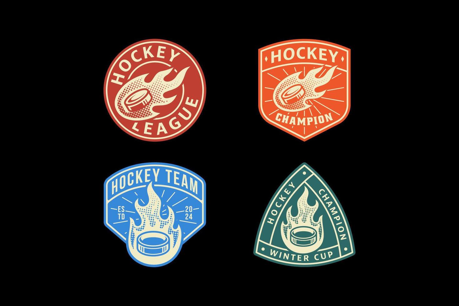 impostato di hockey distintivo loghi con hockey disco e fuoco tiro elemento design per hockey squadra e lega e campione vettore