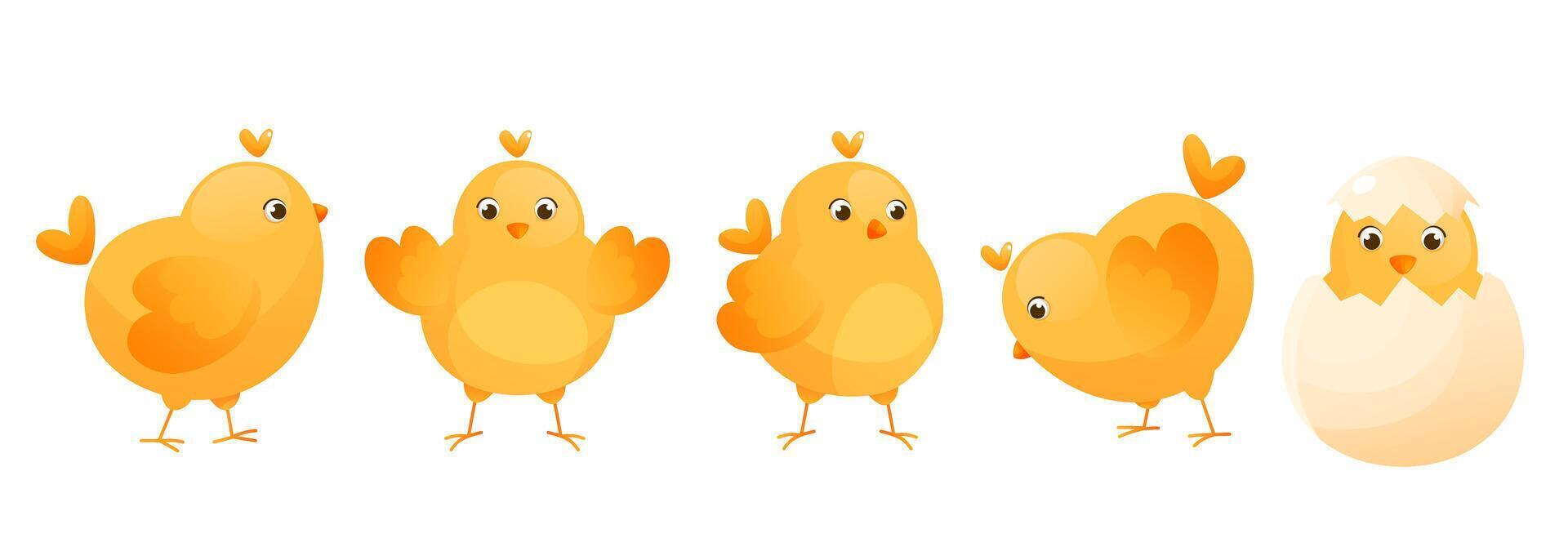 carino giallo polli nel diverso pose per Pasqua design. vettore