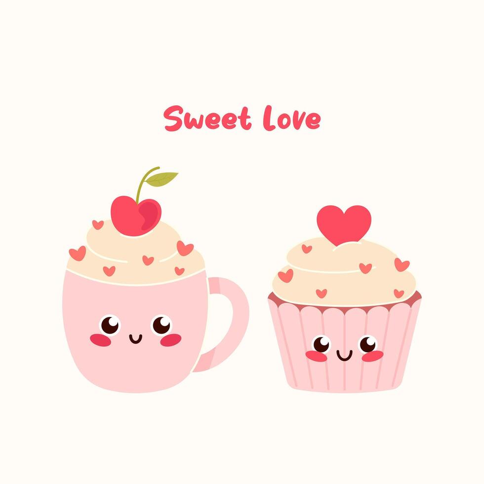 contento carino kawaii caffè tazza e Cupcake nel amore. san valentino giorno saluto carta con Cupcake e caffè tazza. dolce amore vettore