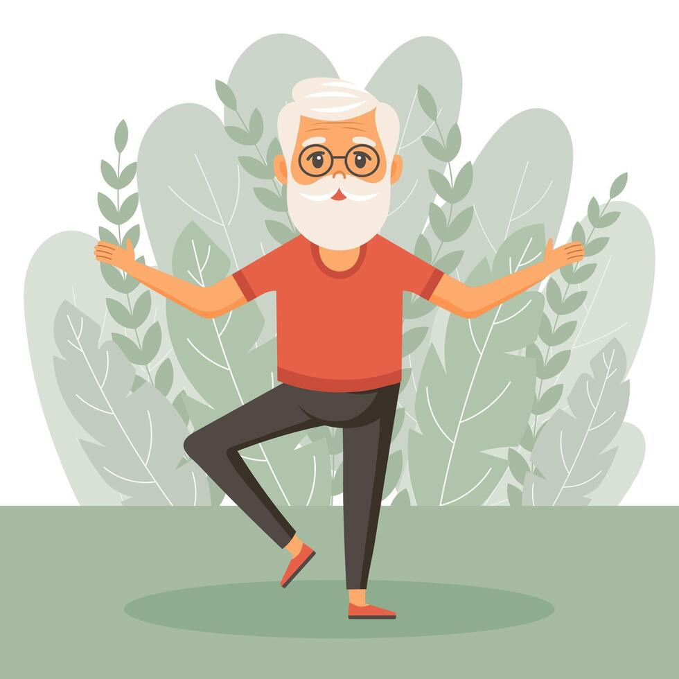 contento vecchio uomo nonno va nel per gli sport, yoga, passeggiate. un anziano uomo è esercizio. piatto illustrazione nel cartone animato stile, vettore