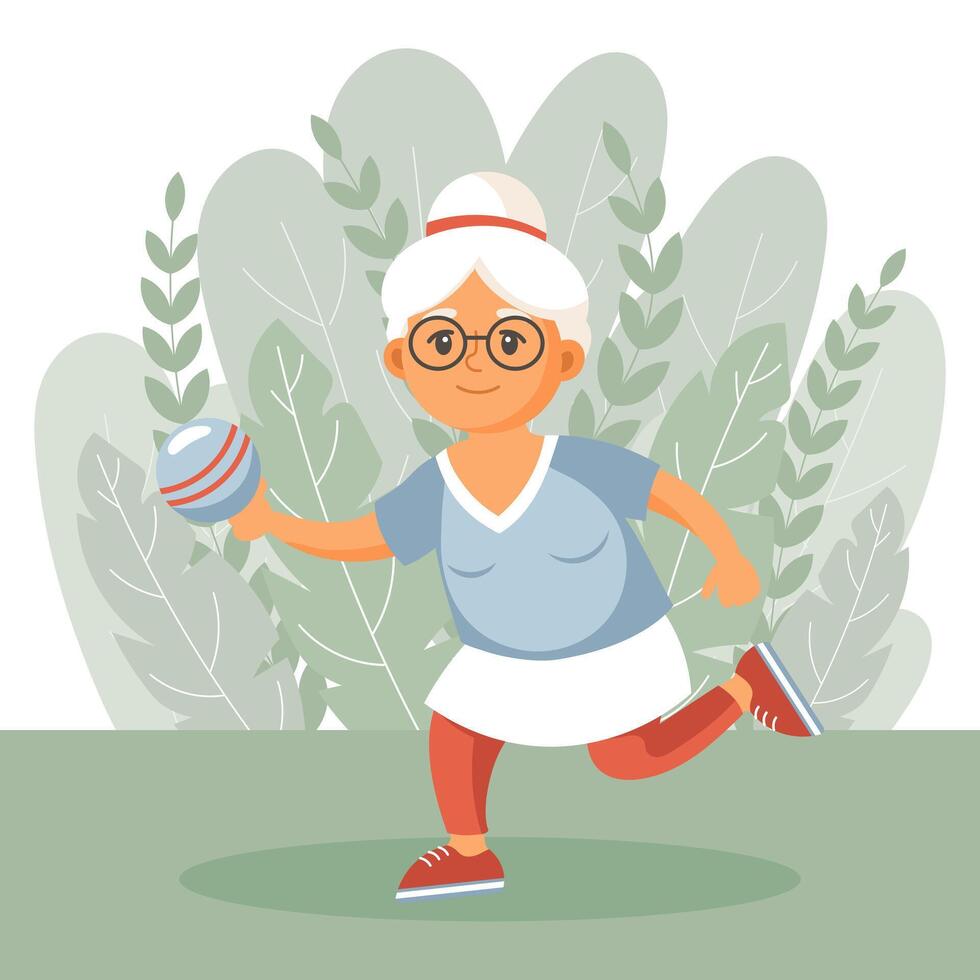 contento vecchio donna nonna va nel per gli sport, yoga, passeggiate. un anziano donna è esercizio. piatto illustrazione nel cartone animato stile, vettore