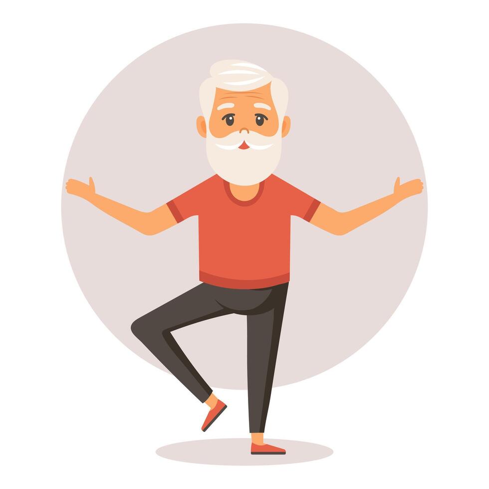 contento vecchio nonno va nel per gli sport, yoga, passeggiate. anziano persone esercizio. piatto illustrazione nel cartone animato stile, vettore