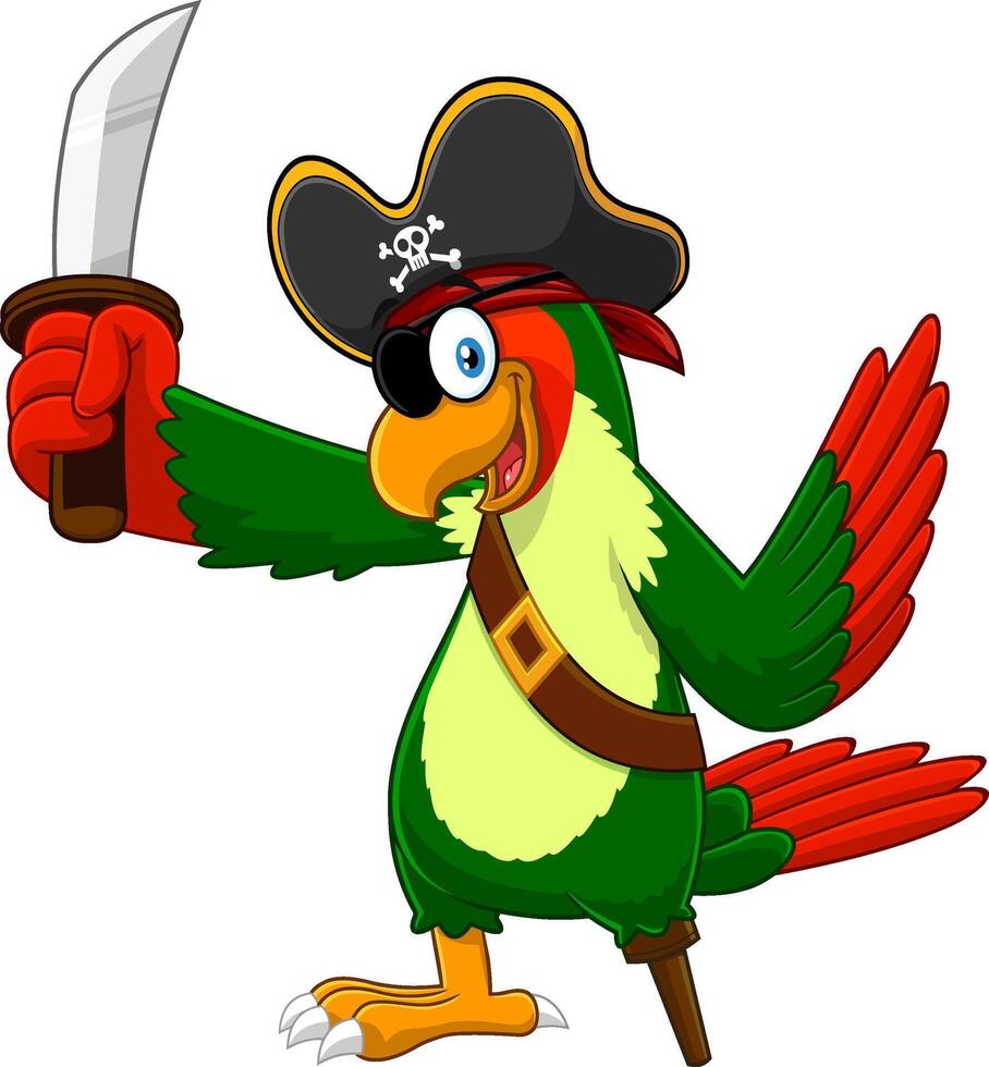pappagallo pirata uccello cartone animato personaggio con spada. vettore illustrazione isolato su bianca sfondo