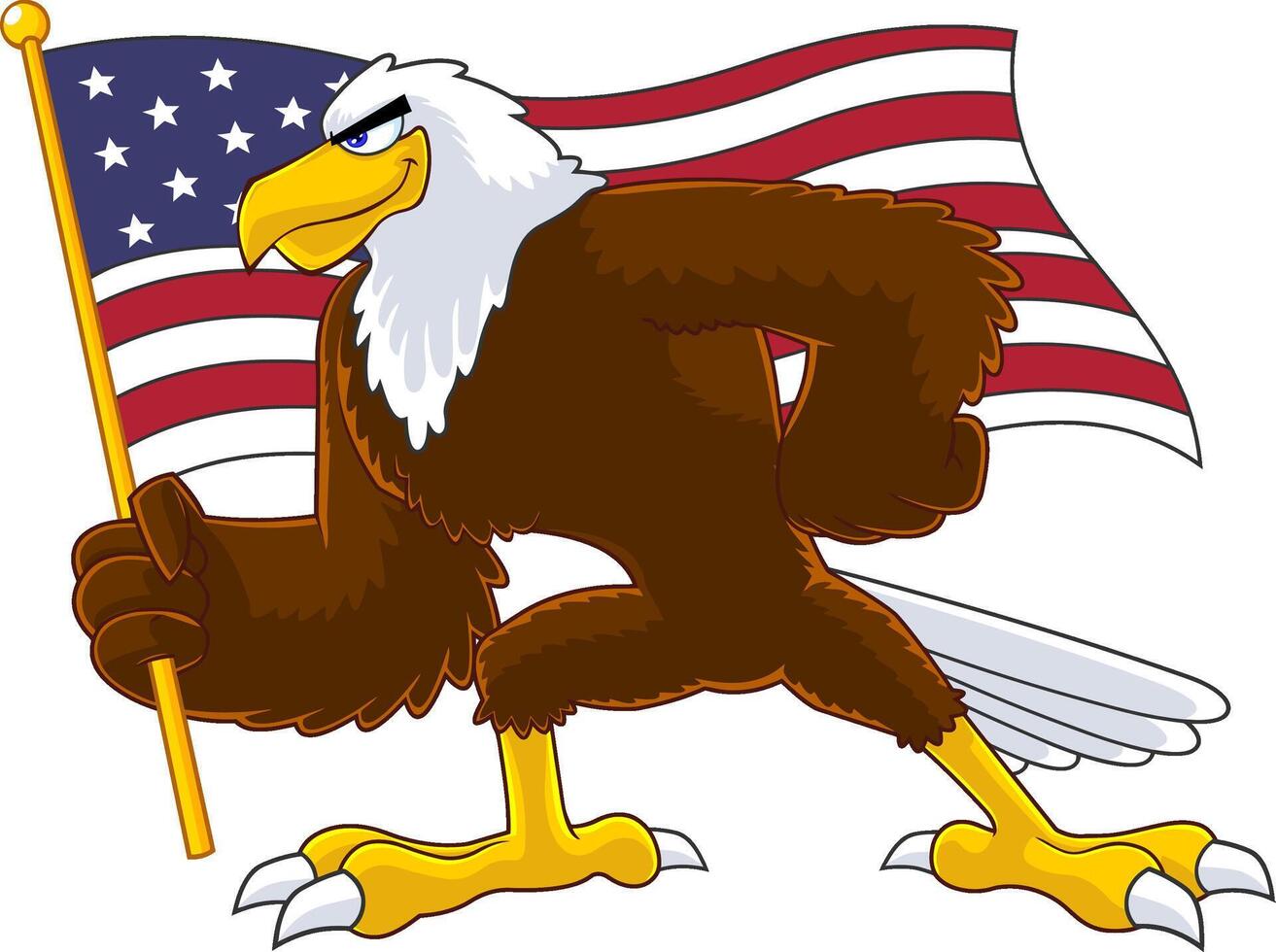 aquila uccello cartone animato personaggio agitando americano bandiera vettore