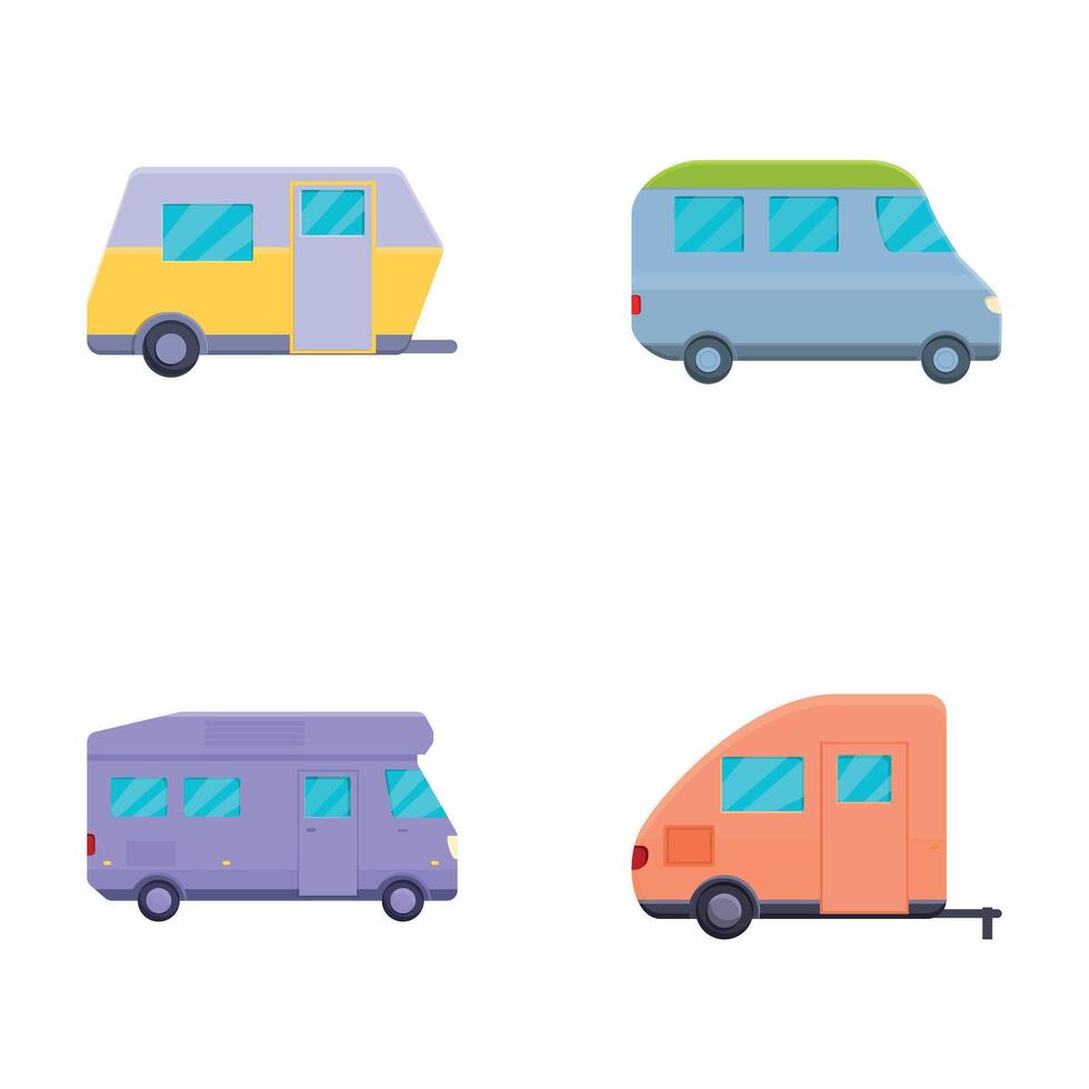 rv camper icone impostato cartone animato vettore. furgone e Raccogliere camion con trailer vettore