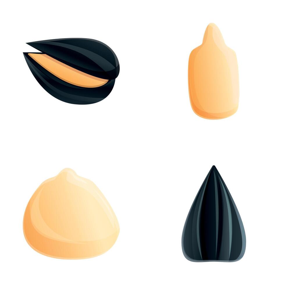 girasole seme icone impostato cartone animato vettore. pelato e sgusciato girasole seme vettore