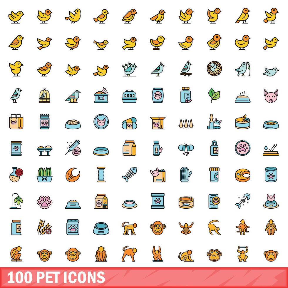 100 animale domestico icone impostare, colore linea stile vettore