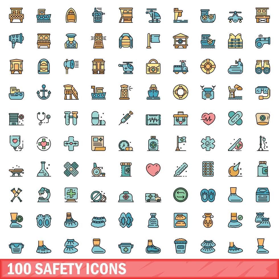 100 sicurezza icone impostare, colore linea stile vettore