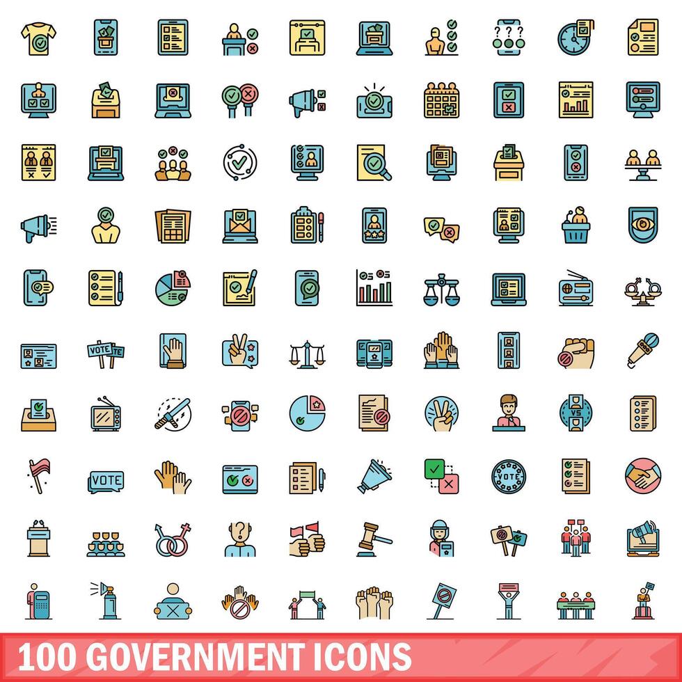 100 governo icone impostare, colore linea stile vettore