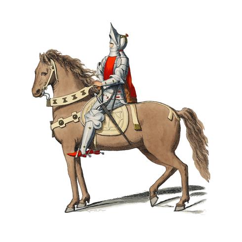 Costume Militaire Florentin, di Paul Mercuri (1860) un ritratto di un cavaliere a cavallo con armatura completa. Miglioramento digitale di rawpixel. vettore