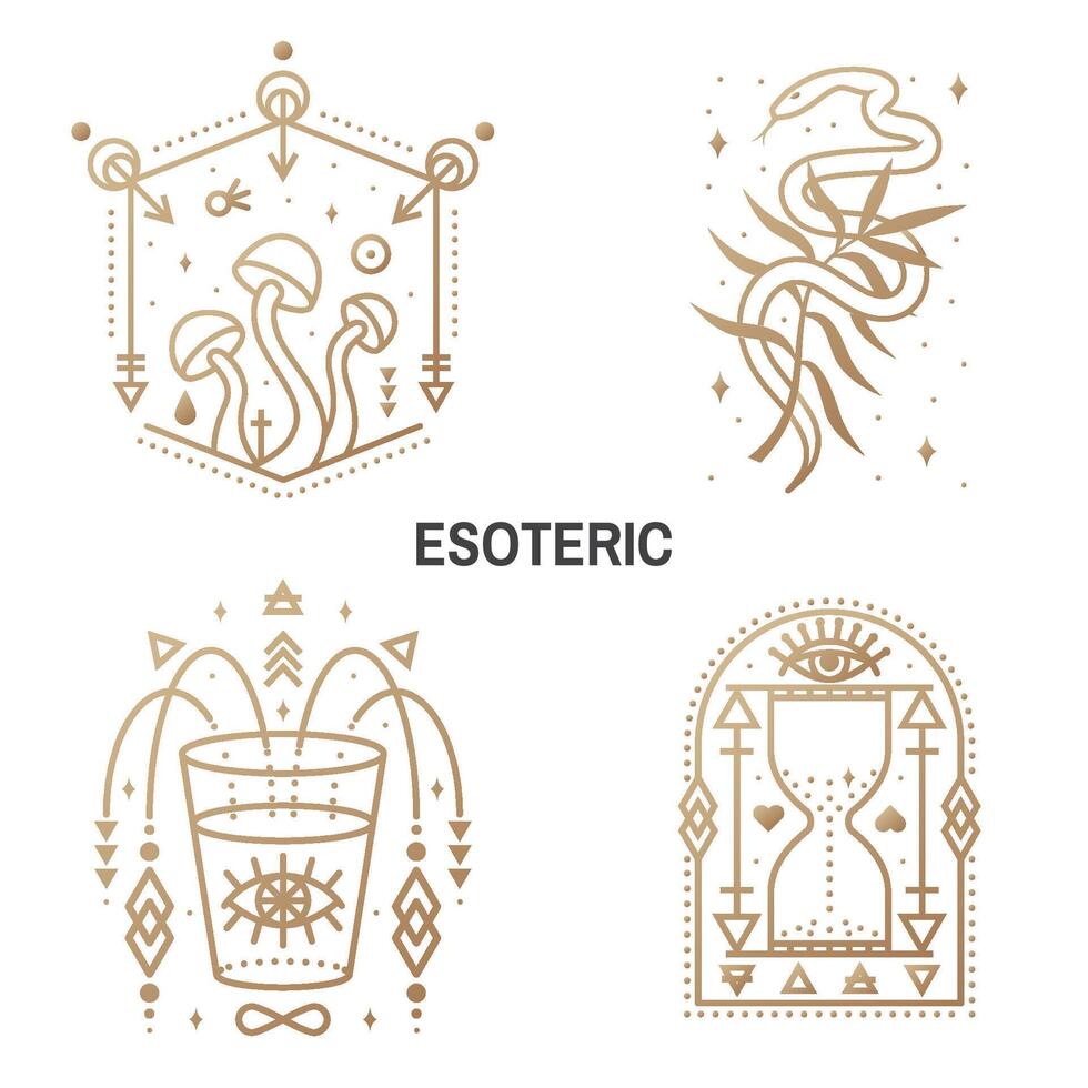 esoterico simboli. vettore magro linea geometrico distintivo. schema icona per alchimia o sacro geometria. mistico e Magia design con alchimia simboli, funghi, serpente, fiore di campo, clessidra, bicchiere