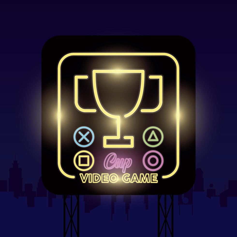 neon di videogiochi retrò con trofeo vettore