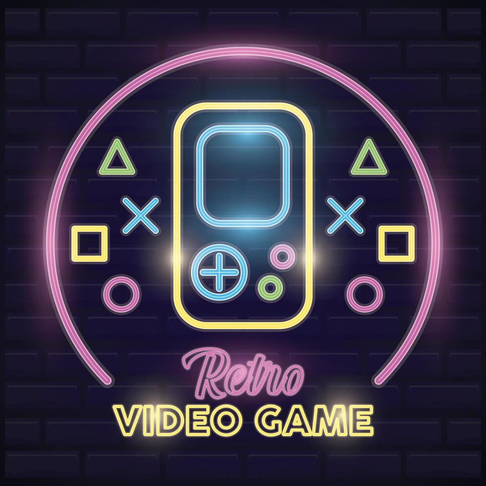 neon per videogiochi retrò con console portatile vettore