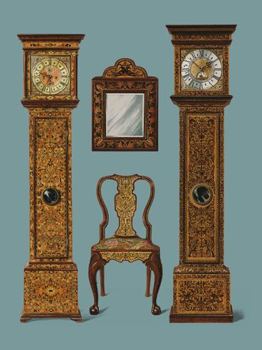 Un&#39;illustrazione di mobili edoardiani (1905) disegnata da Shirley Slocombe, un design meravigliosamente dettagliato di una sedia in legno, uno specchio incorniciato e due orologi a pendolo. Miglioramento digitale di rawpixel. vettore