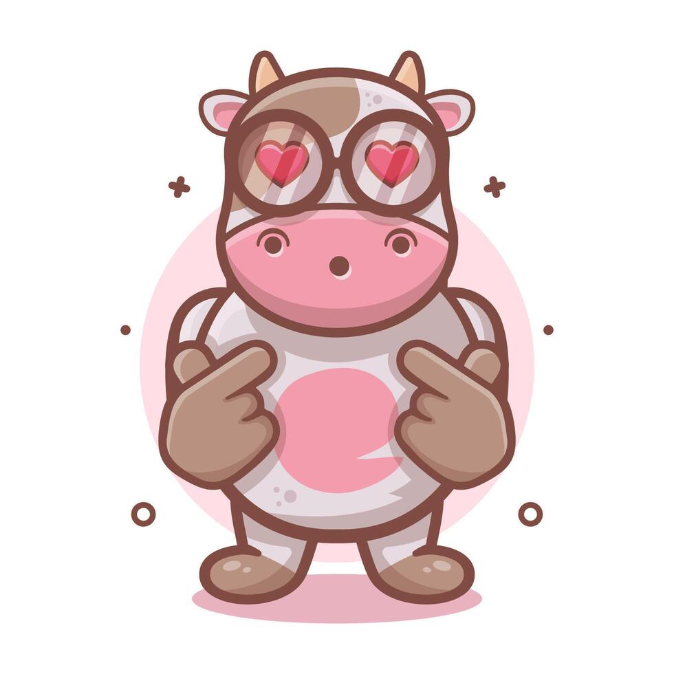 kawaii mucca animale personaggio portafortuna con amore cartello mano gesto isolato cartone animato vettore