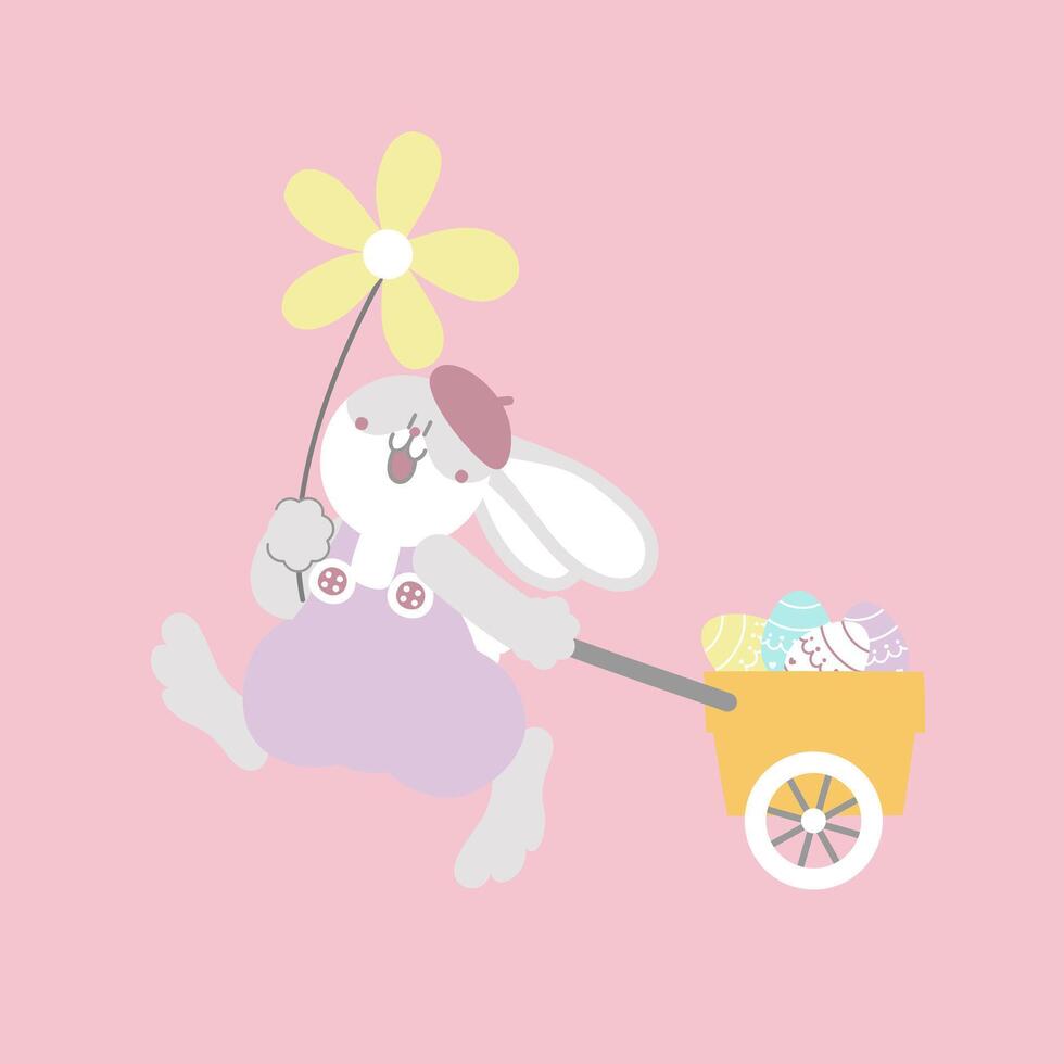 contento Pasqua Festival con animale animale domestico coniglietto coniglio, fiore, carrello e uovo, pastello colore, piatto vettore illustrazione cartone animato personaggio