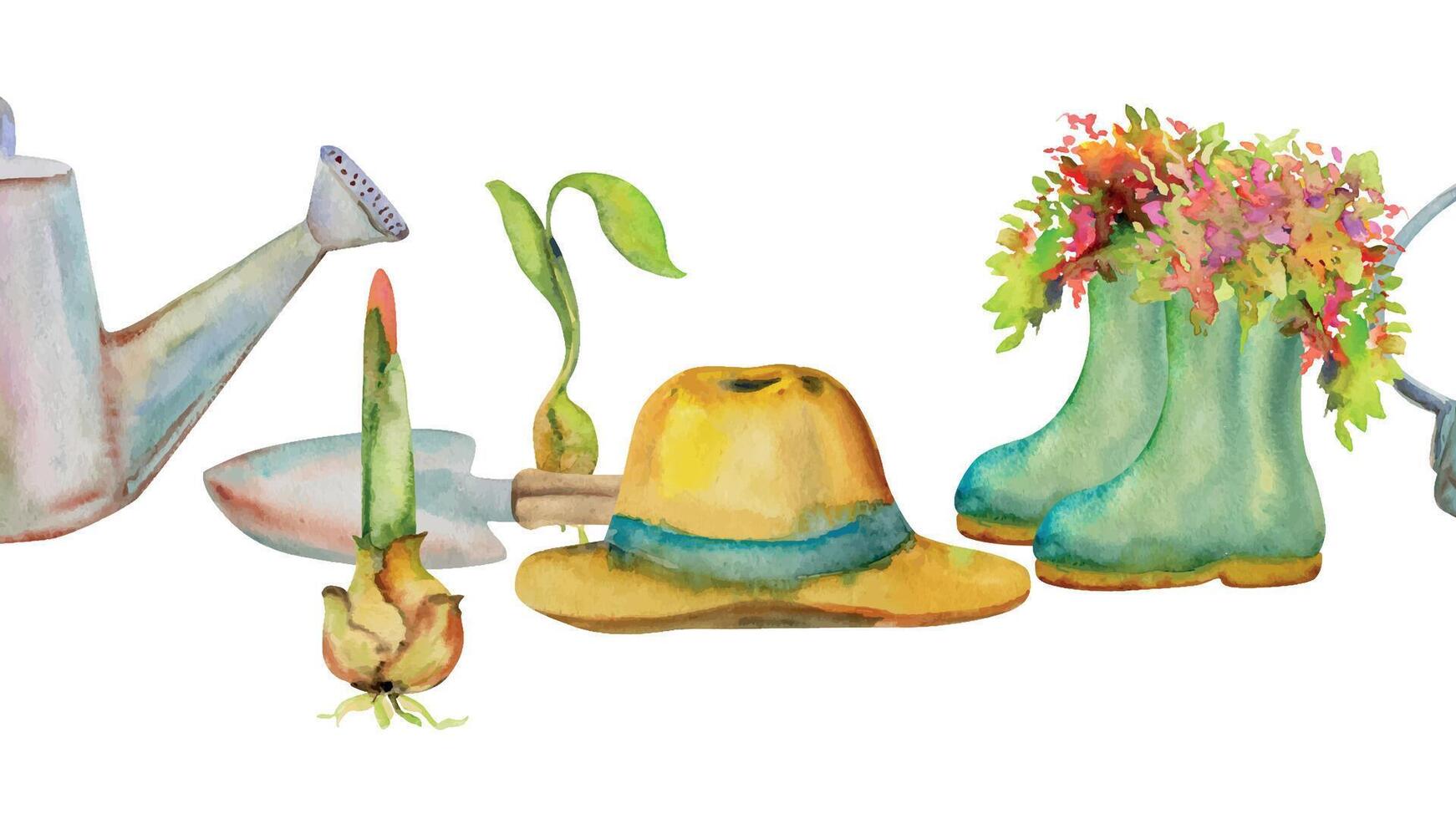 mano disegnato acquerello illustrazione primavera giardinaggio gomma da cancellare stivali sole cappello irrigazione può fiore letto lampadina pala. senza soluzione di continuità bandiera isolato su bianca sfondo. design Stampa, negozio, scrapbooking, confezione vettore