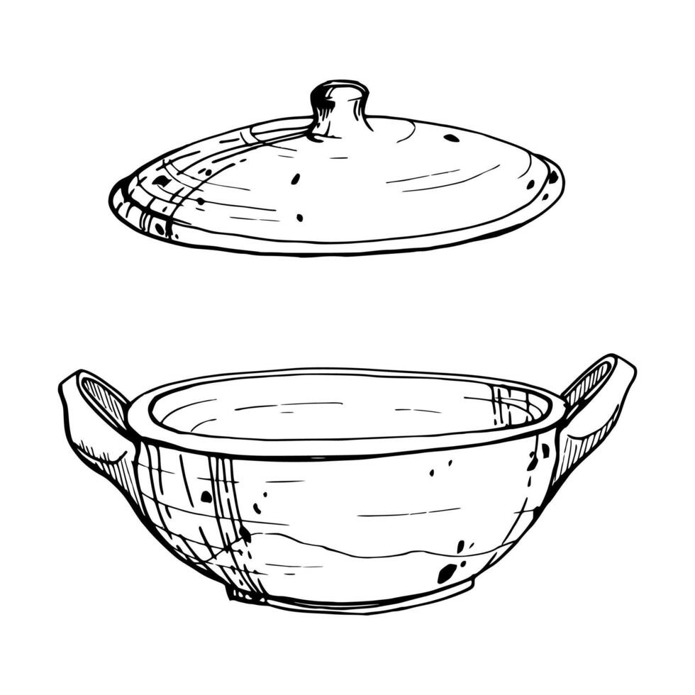 mano disegnato inchiostro vettore illustrazione, fatto a mano tradizionale argilla ceramica ceramica vaso. singolo oggetto isolato su bianca sfondo. design viaggiare, vacanza, opuscolo, Stampa, bar ristorante menù, negozio