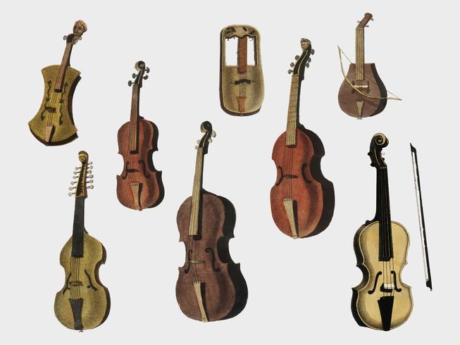 Musik (1850) ha pubblicato a Copenaghen, un&#39;illustrazione vintage di un violino, varianti di chitarra classica e flauto. Miglioramento digitale di rawpixel. vettore