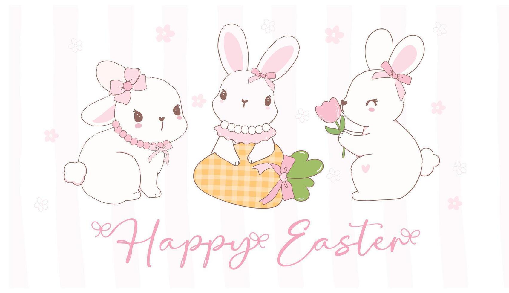 carino civetta Pasqua coniglietti indossare arco cartone animato striscione, dolce retrò contento Pasqua primavera animale. vettore