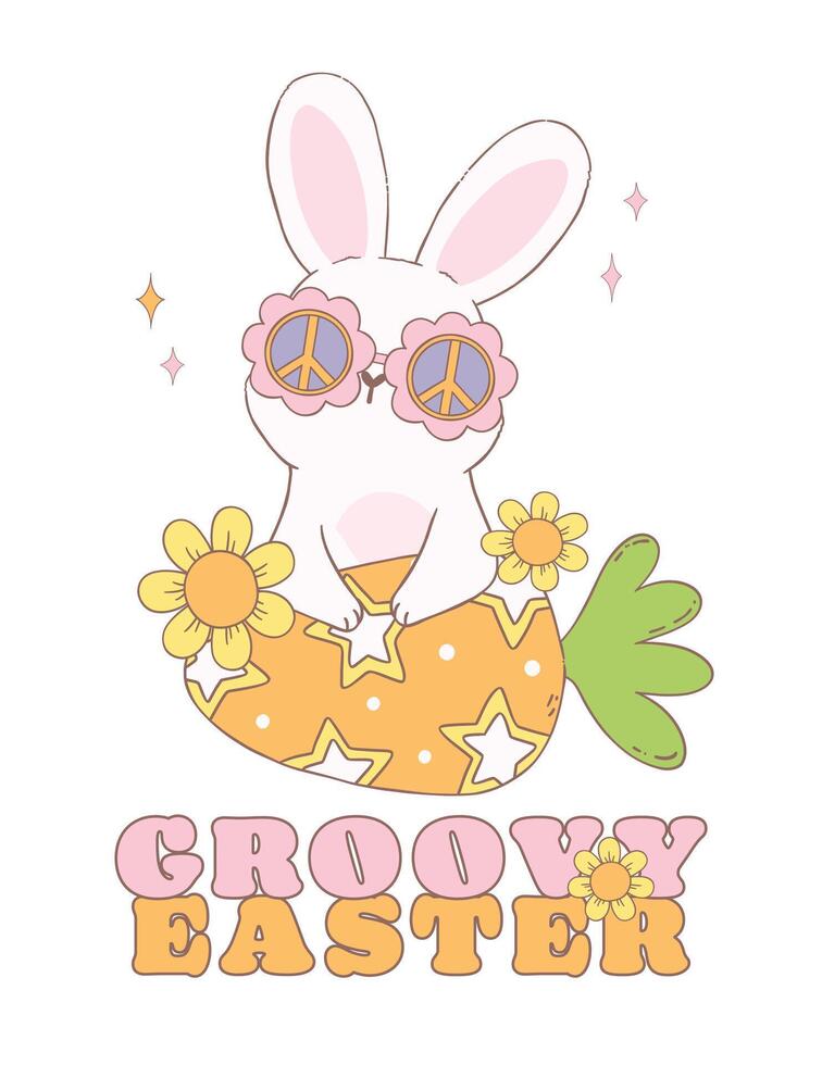 carino contento Groovy Pasqua coniglietto con discoteca retrò uova. giocoso cartone animato scarabocchio animale mano disegno. vettore