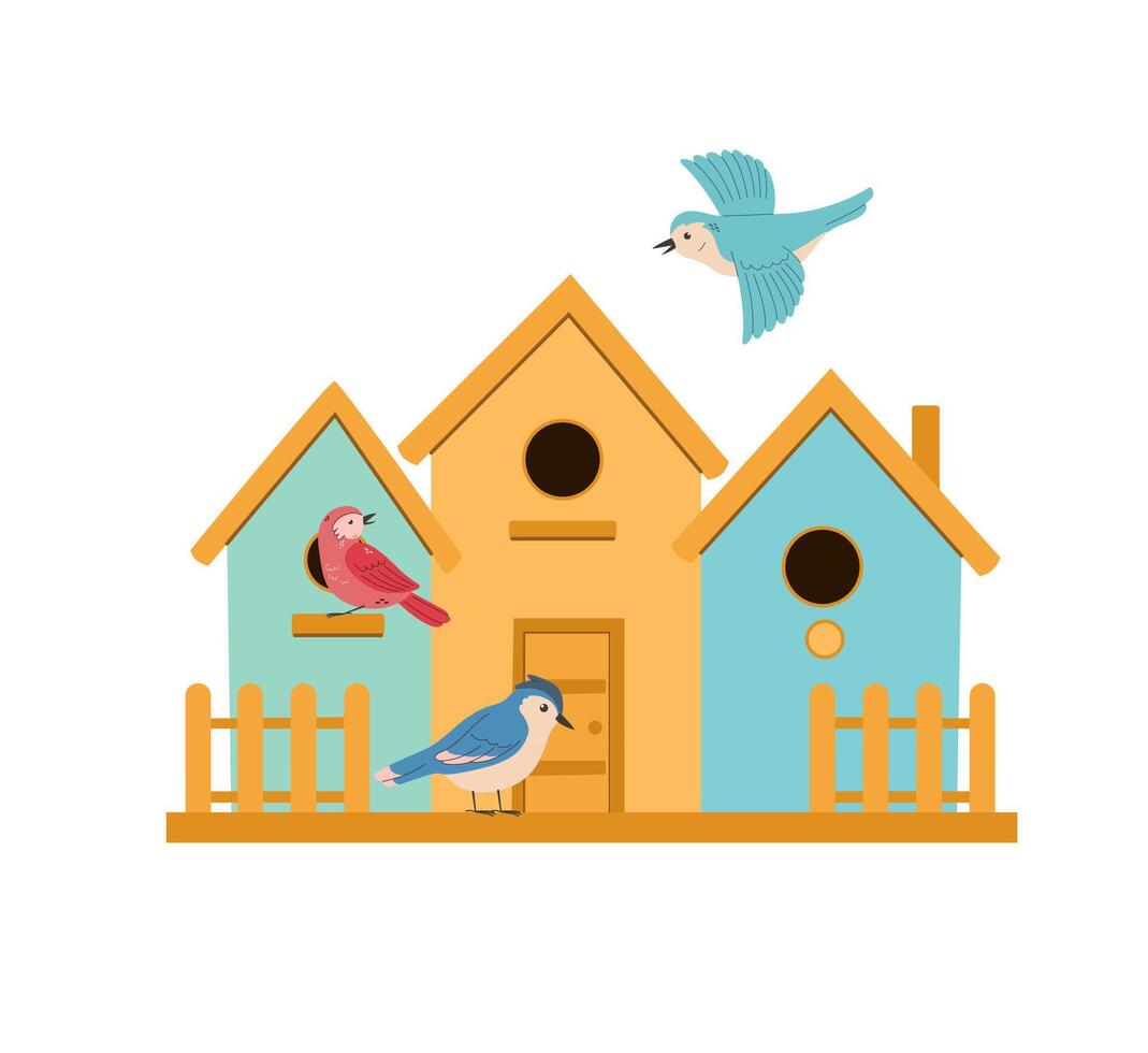 carino cartone animato birdhouse con il uccelli vettore illustrazione. Ciao primavera sfondo.