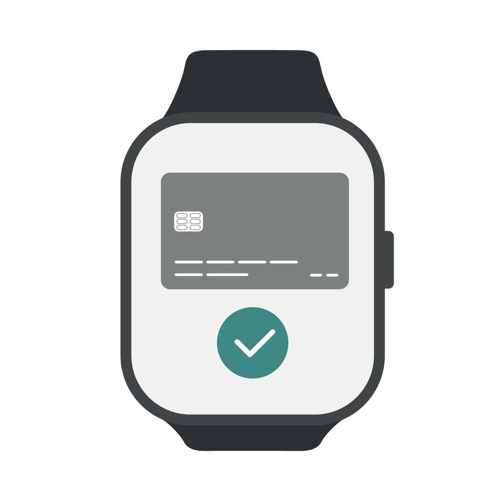credito carta icona con accettato pagamento. approvazione dai un'occhiata marchio su rettangolo inteligente orologio schermo. vettore