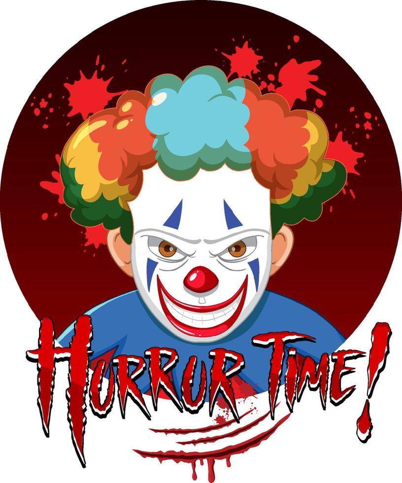 faccia spaventosa da clown raccapricciante con logo horror time vettore