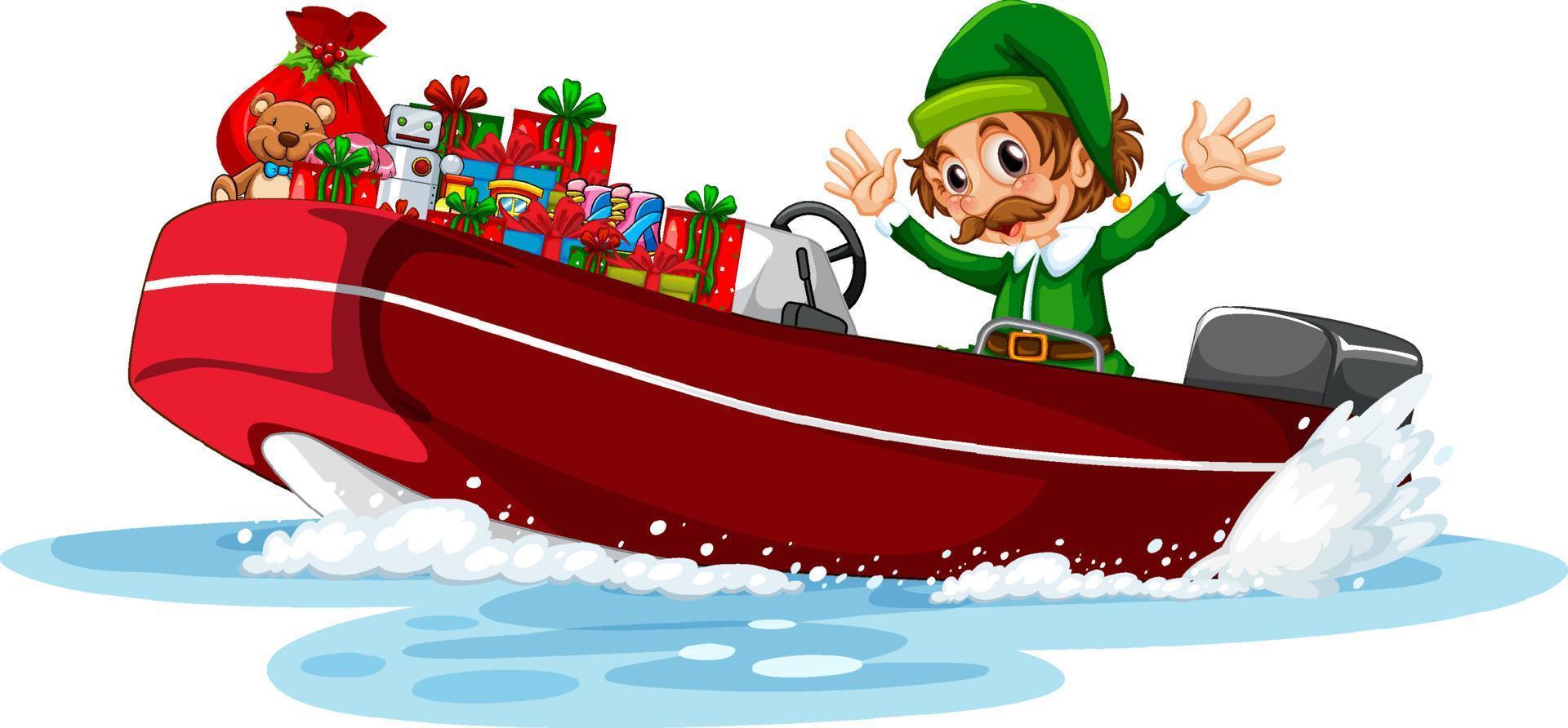 elfo sulla barca con i suoi doni vettore