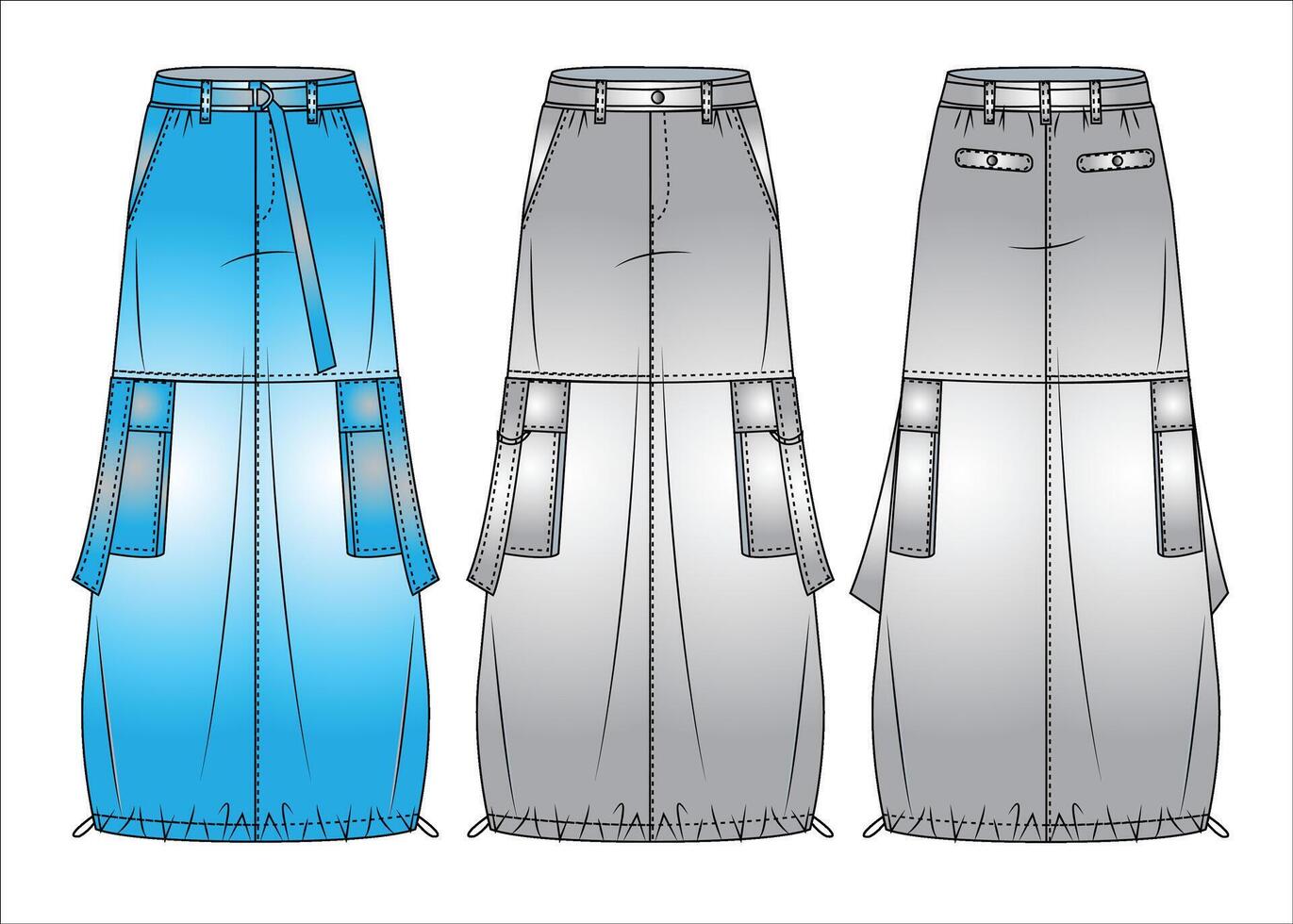 carico lungo gonna tecnico moda illustrazione una linea gonna moda piatto tecnico disegno modello tasche coulisse orlare davanti e indietro Visualizza bianca grigio donne gonne vettore