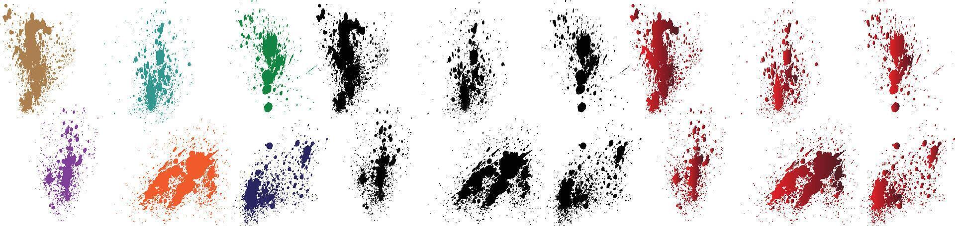 inchiostro dipingere astratto impostato di schizzare viola, arancia, Nero, rosso, verde, Grano colore sangue spazzola ictus sfondo vettore